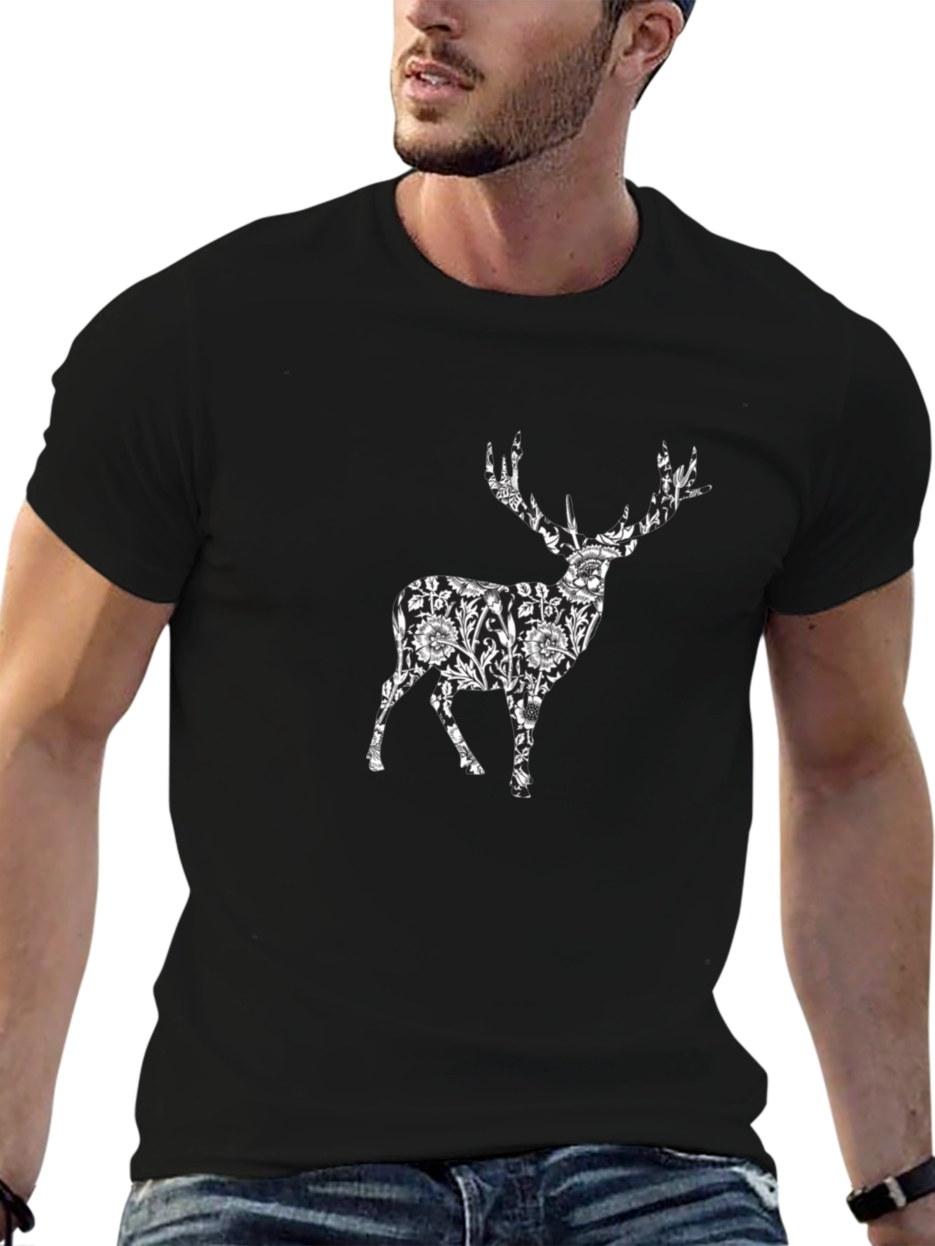 Floral Deer Print Black T-Shirt