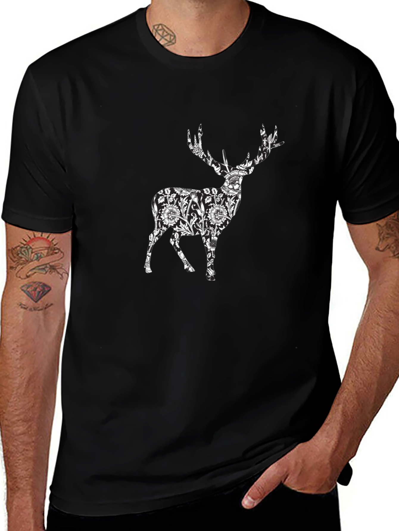 Floral Deer Print Black T-Shirt
