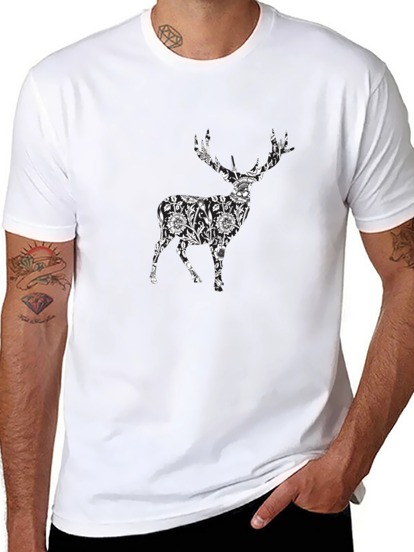 Floral Deer Print Black T-Shirt