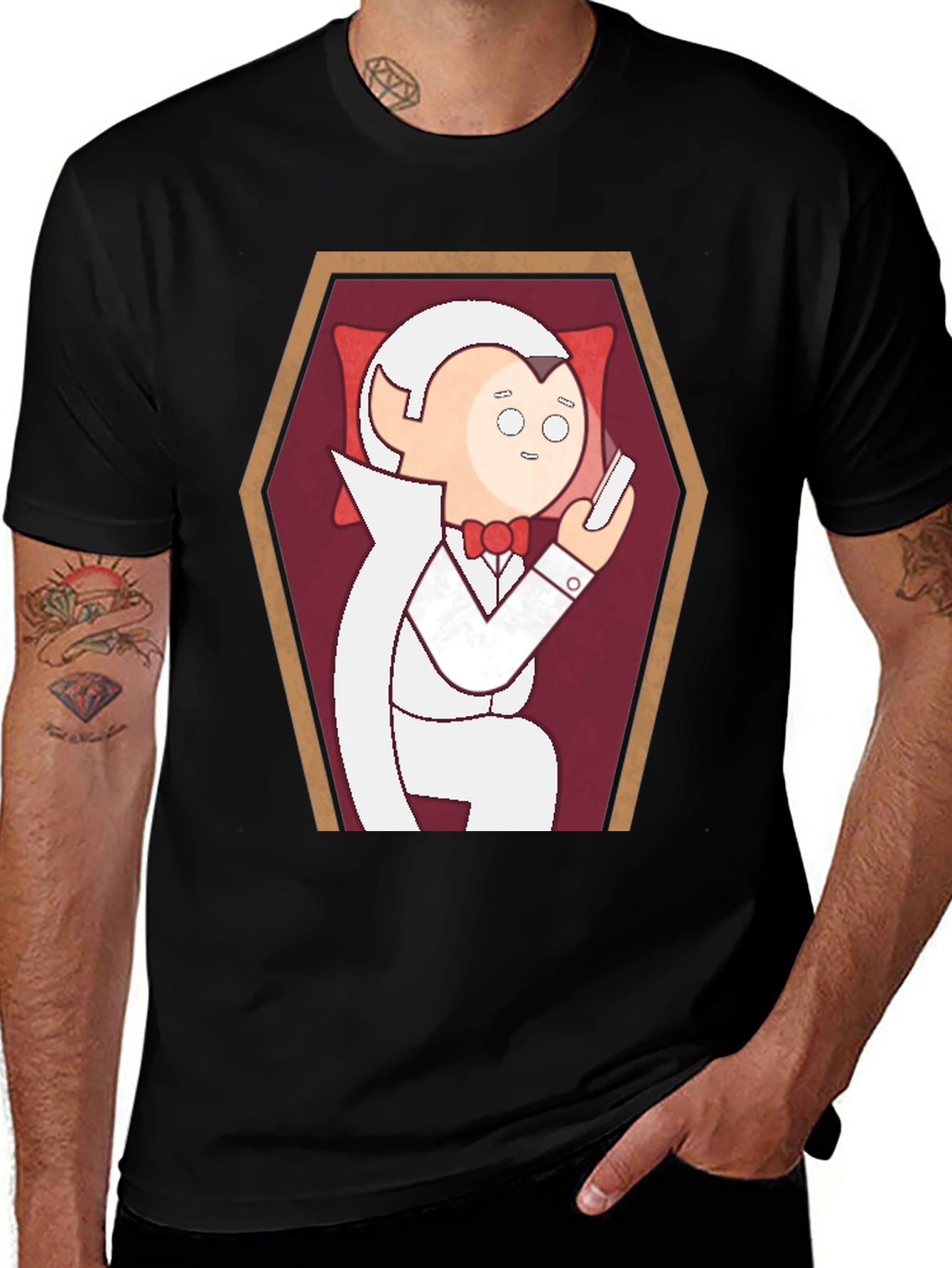 Funny Cartoon Vampire in Coffin Graphic T-Shirt