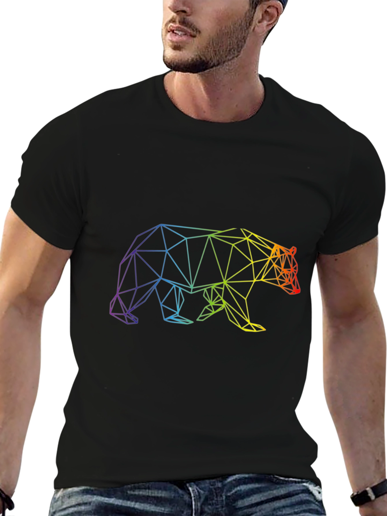 Geometric Rainbow Bear Graphic Tee - Black