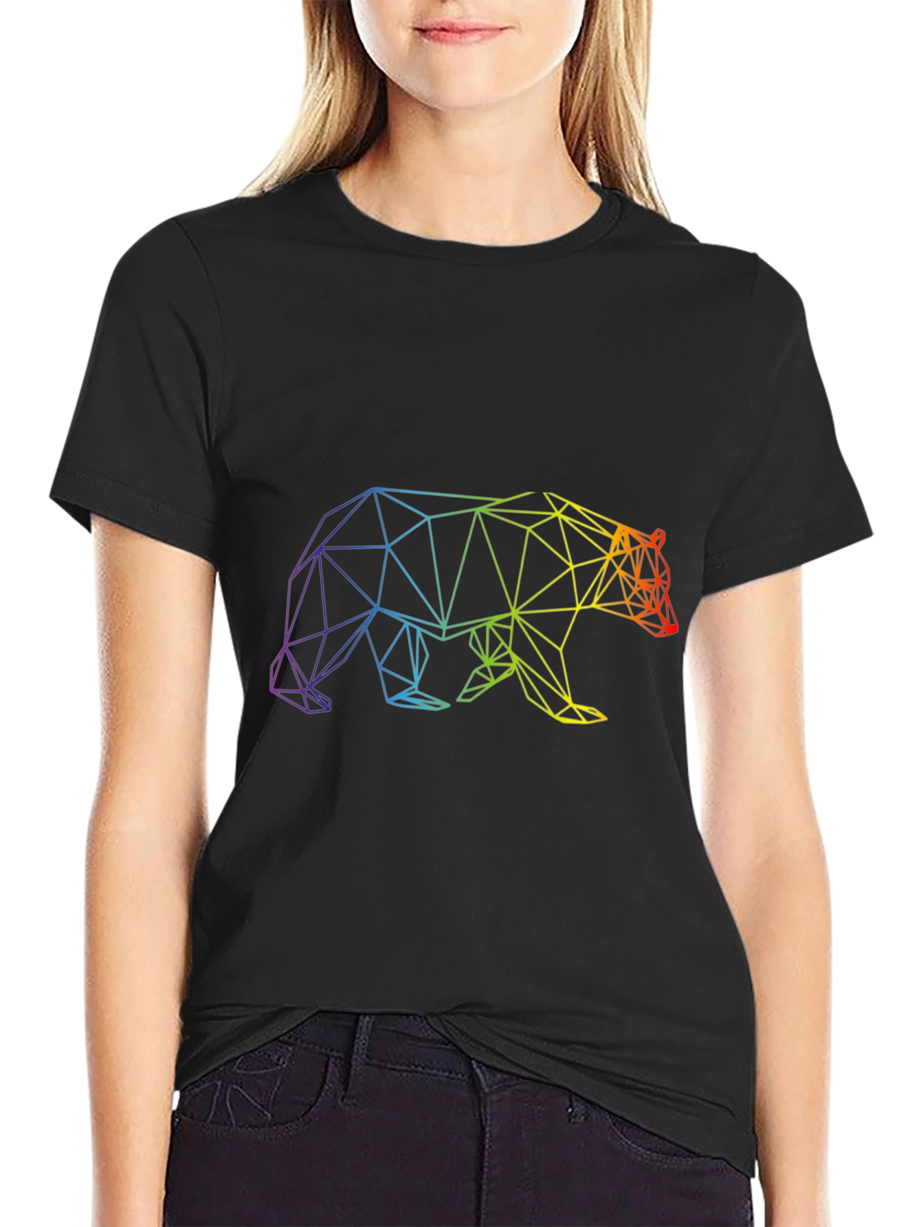 Geometric Rainbow Bear Graphic Tee - Black