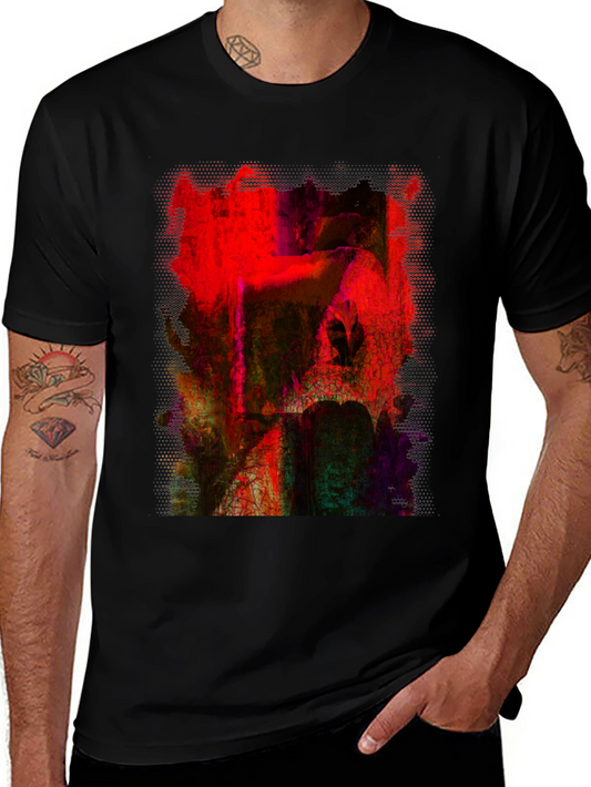 Abstract Red Art Graphic Tee - Black Cotton T-Shirt
