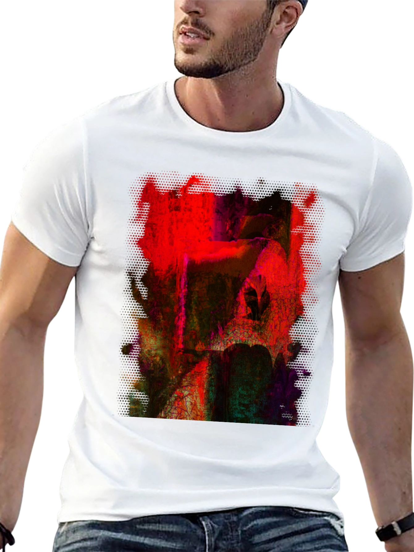 Abstract Red Art Graphic Tee - Black Cotton T-Shirt