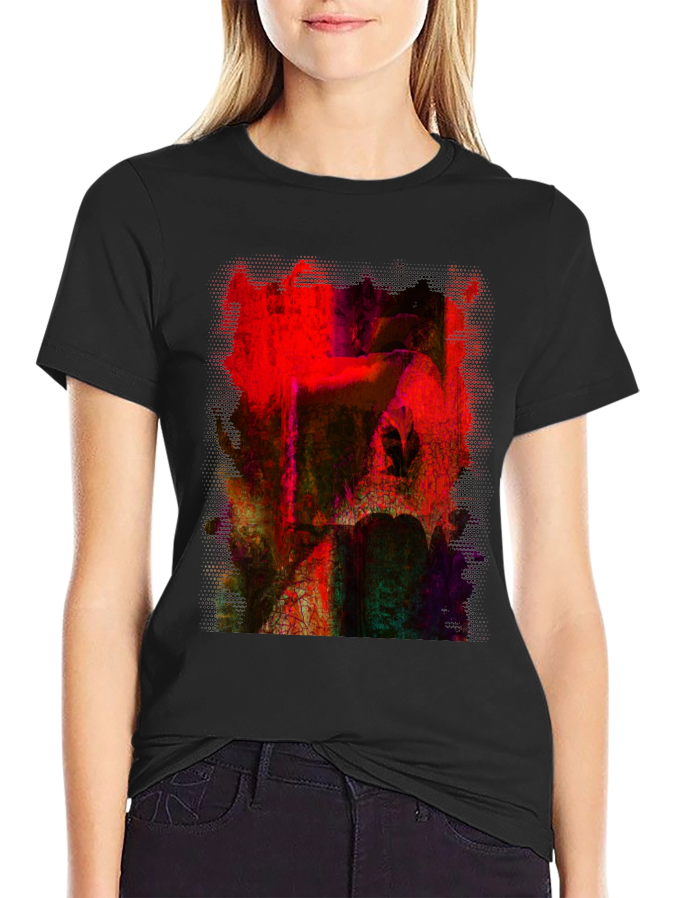 Abstract Red Art Graphic Tee - Black Cotton T-Shirt