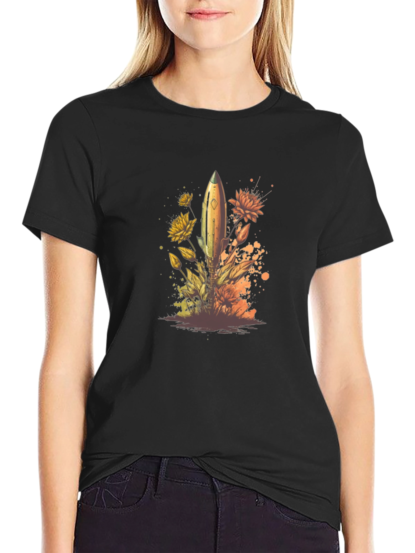 Floral Rocket Mens Black T-Shirt