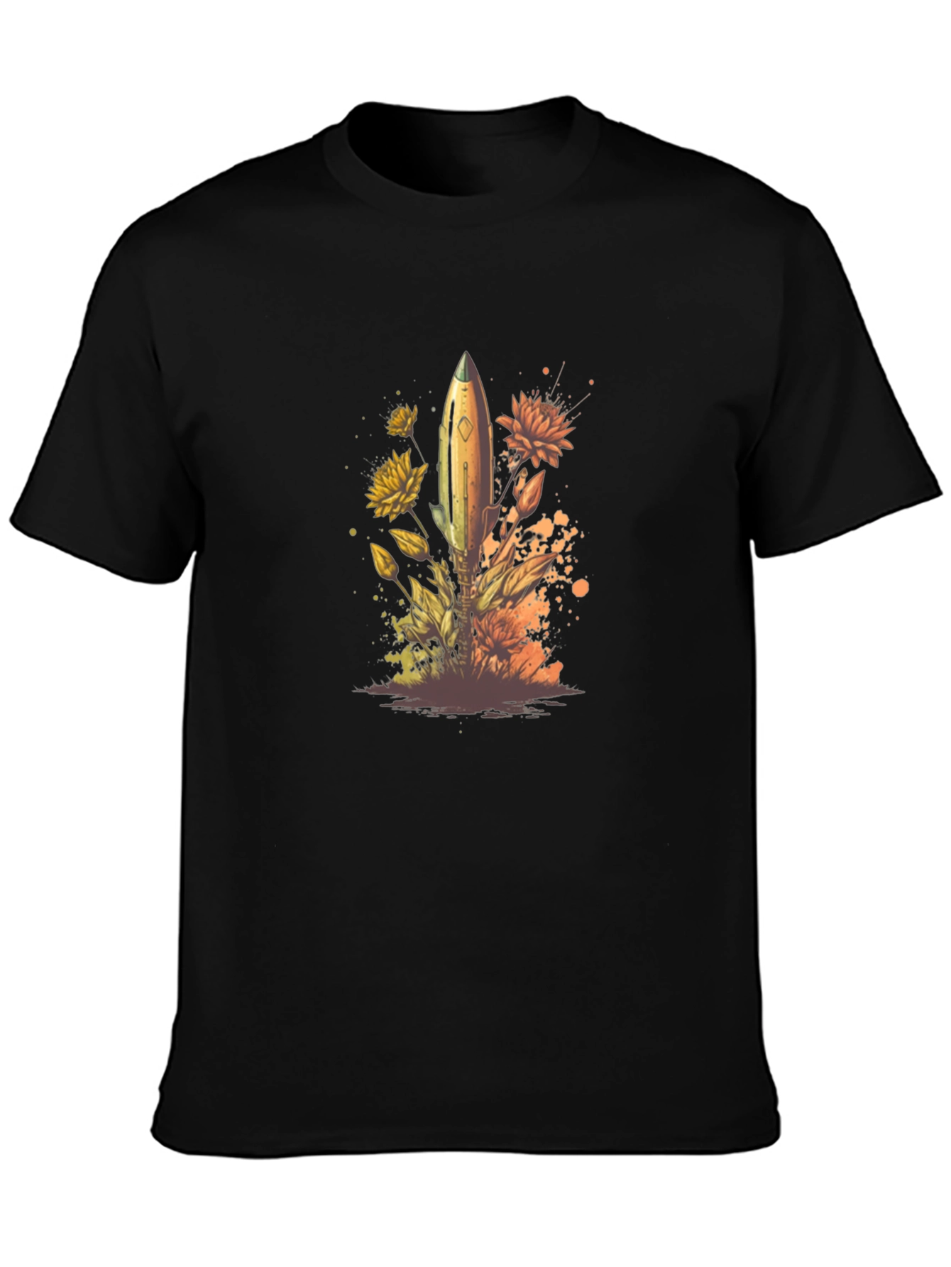 Floral Rocket Mens Black T-Shirt