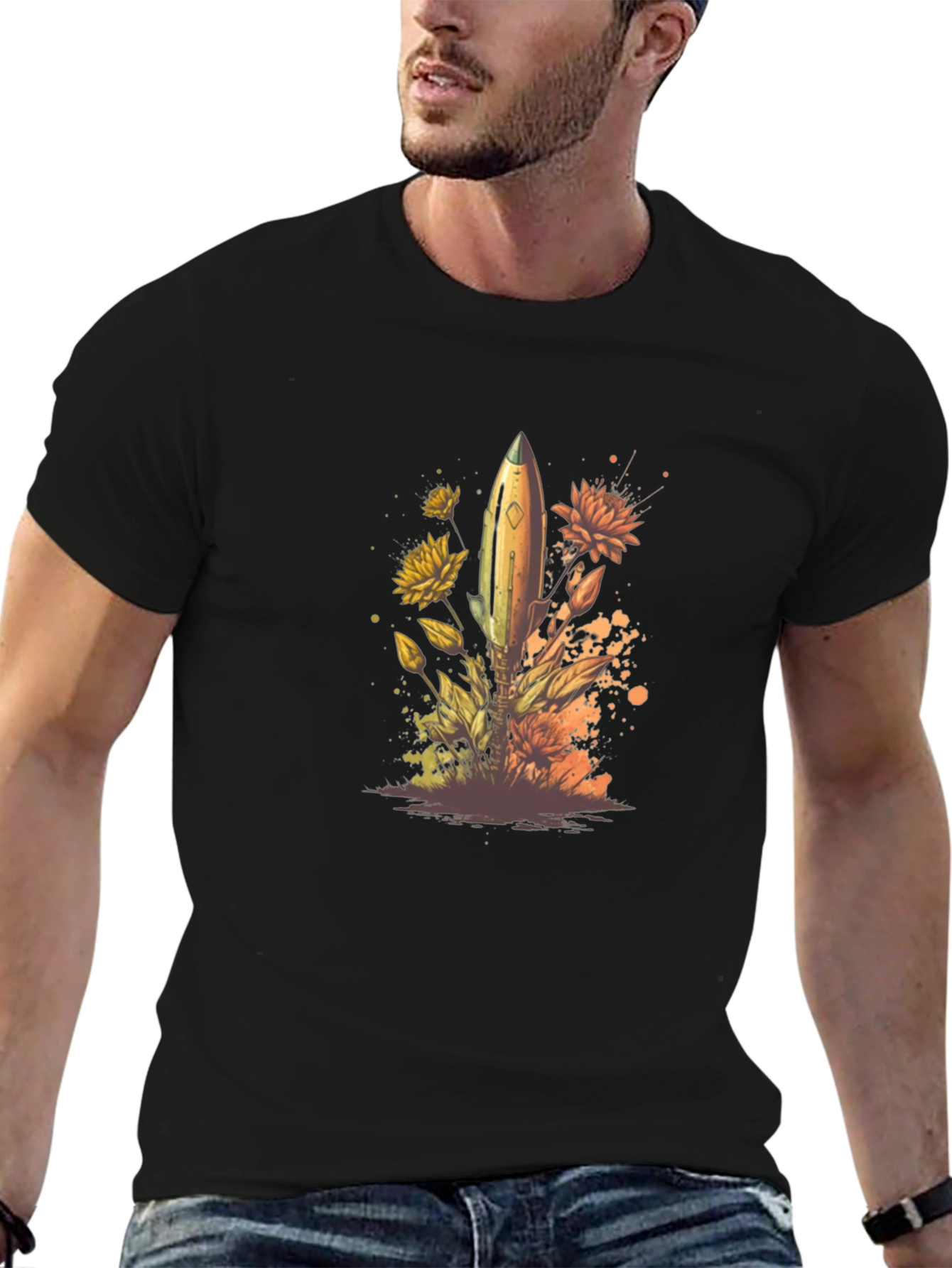 Floral Rocket Mens Black T-Shirt