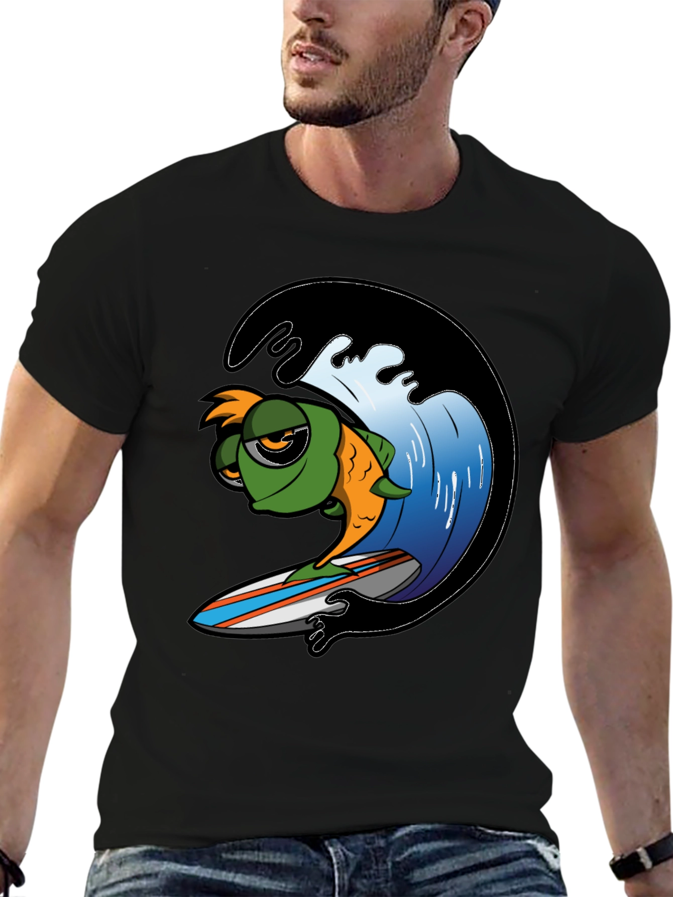 Surfing Fish Graphic Tee - Black Cotton T-Shirt