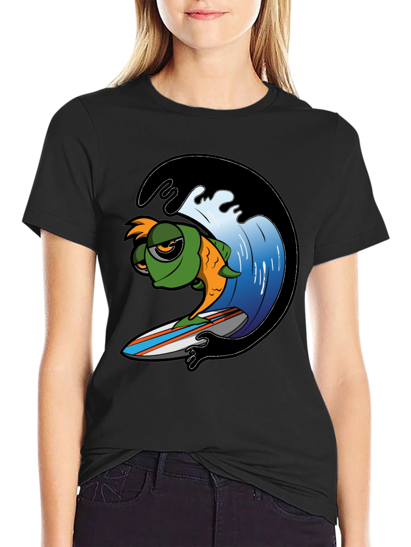 Surfing Fish Graphic Tee - Black Cotton T-Shirt