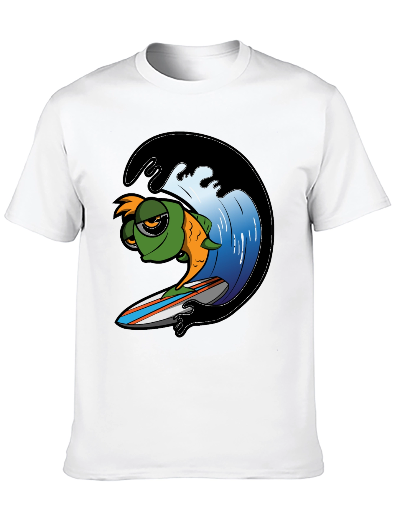 Surfing Fish Graphic Tee - Black Cotton T-Shirt