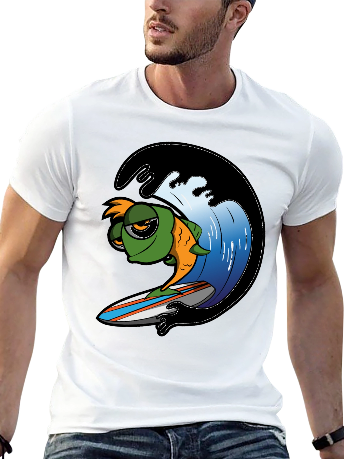 Surfing Fish Graphic Tee - Black Cotton T-Shirt