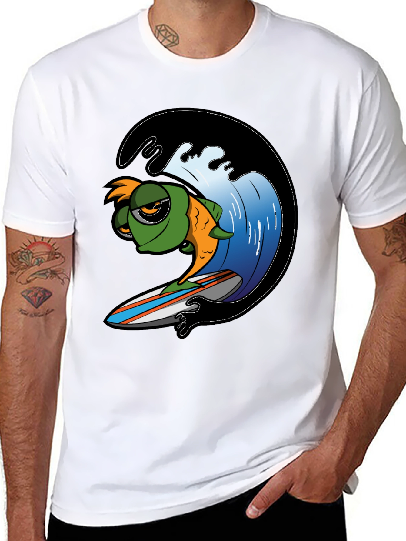 Surfing Fish Graphic Tee - Black Cotton T-Shirt
