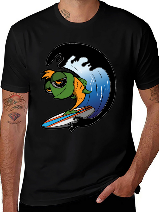 Surfing Fish Graphic Tee - Black Cotton T-Shirt
