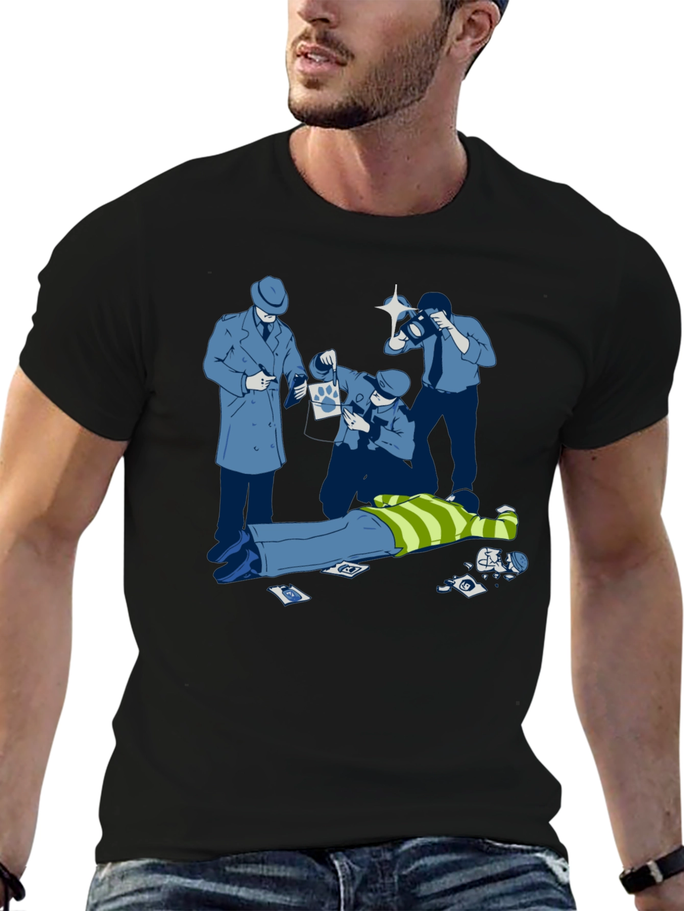 Cartoon Crime Scene Black T-Shirt