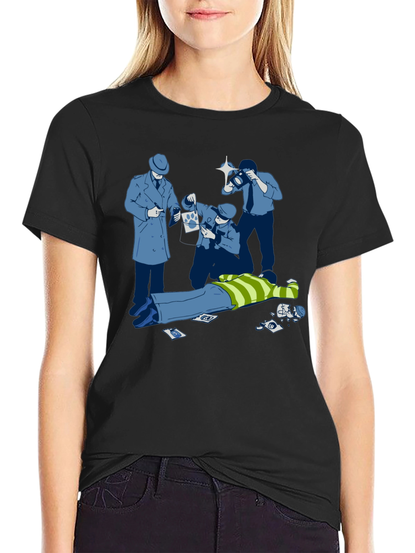 Cartoon Crime Scene Black T-Shirt