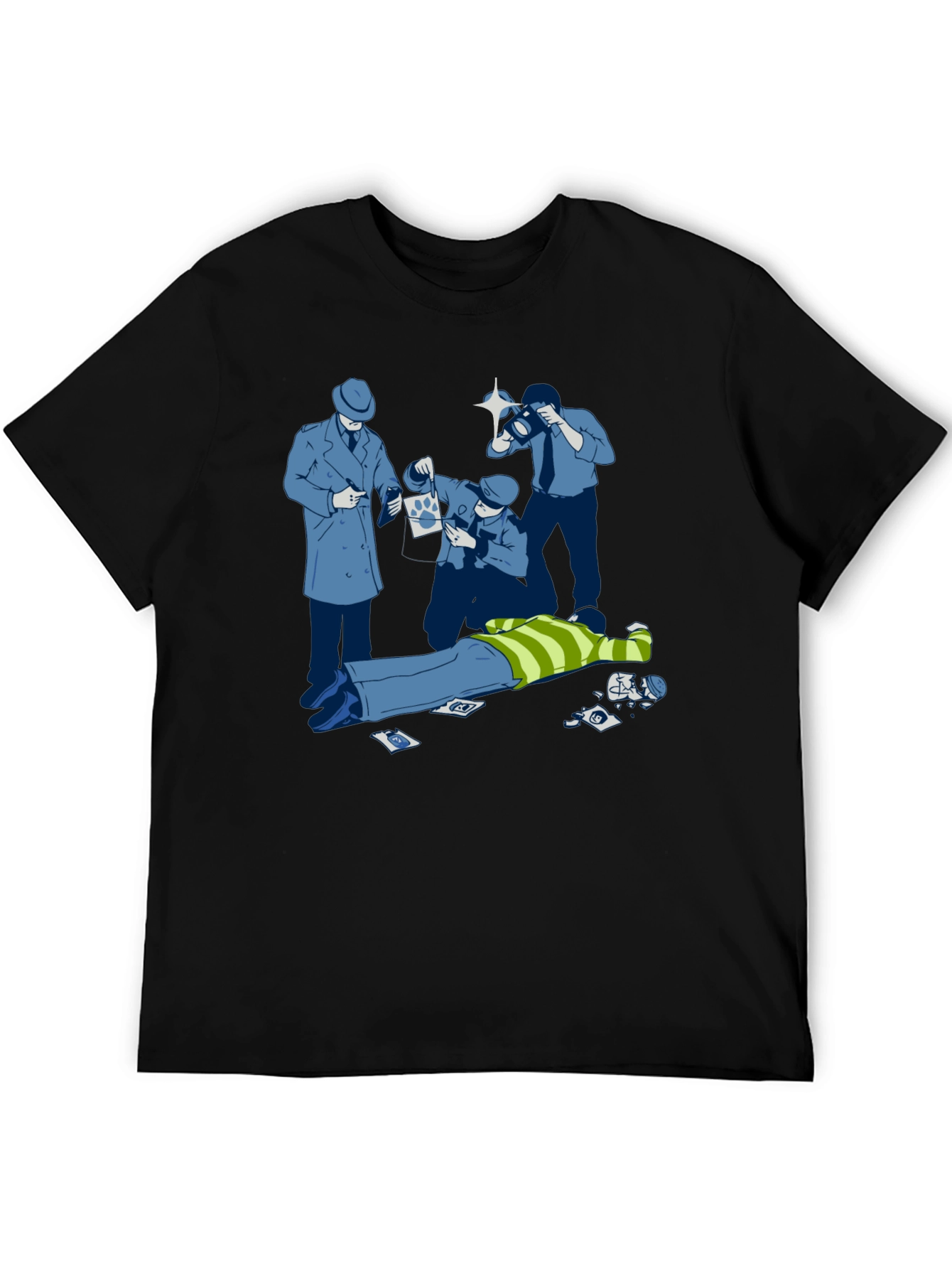 Cartoon Crime Scene Black T-Shirt