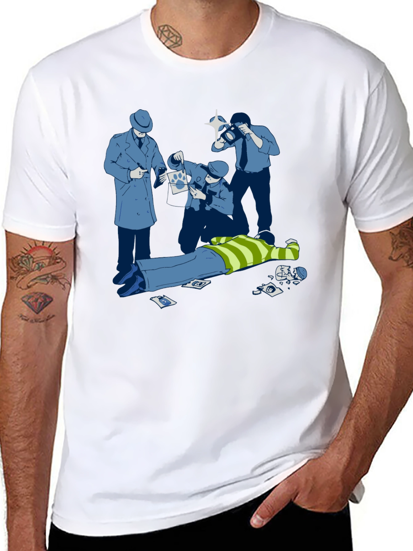 Cartoon Crime Scene Black T-Shirt