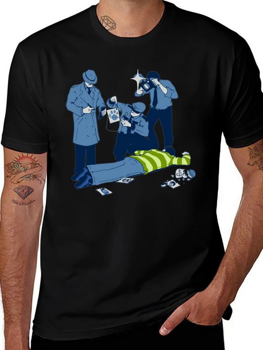 Cartoon Crime Scene Black T-Shirt