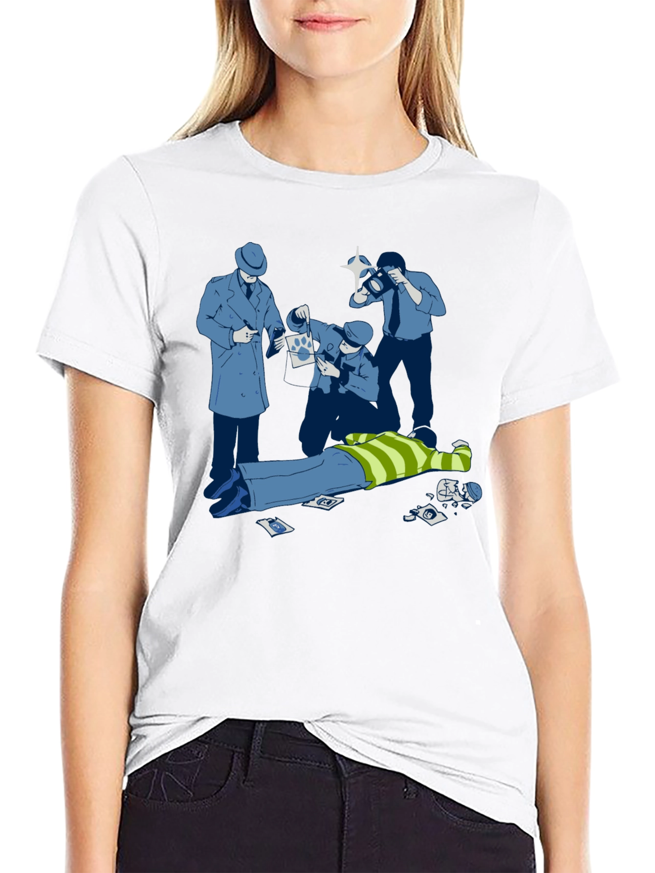 Cartoon Crime Scene Black T-Shirt