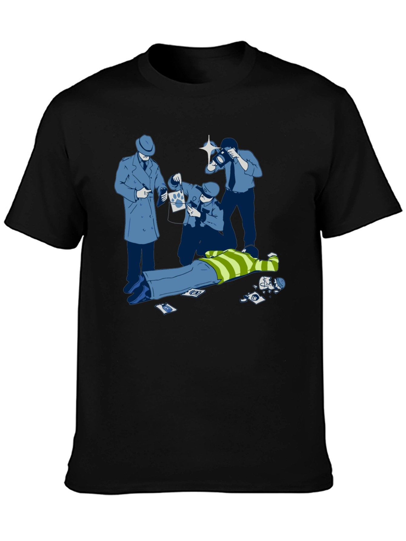 Cartoon Crime Scene Black T-Shirt