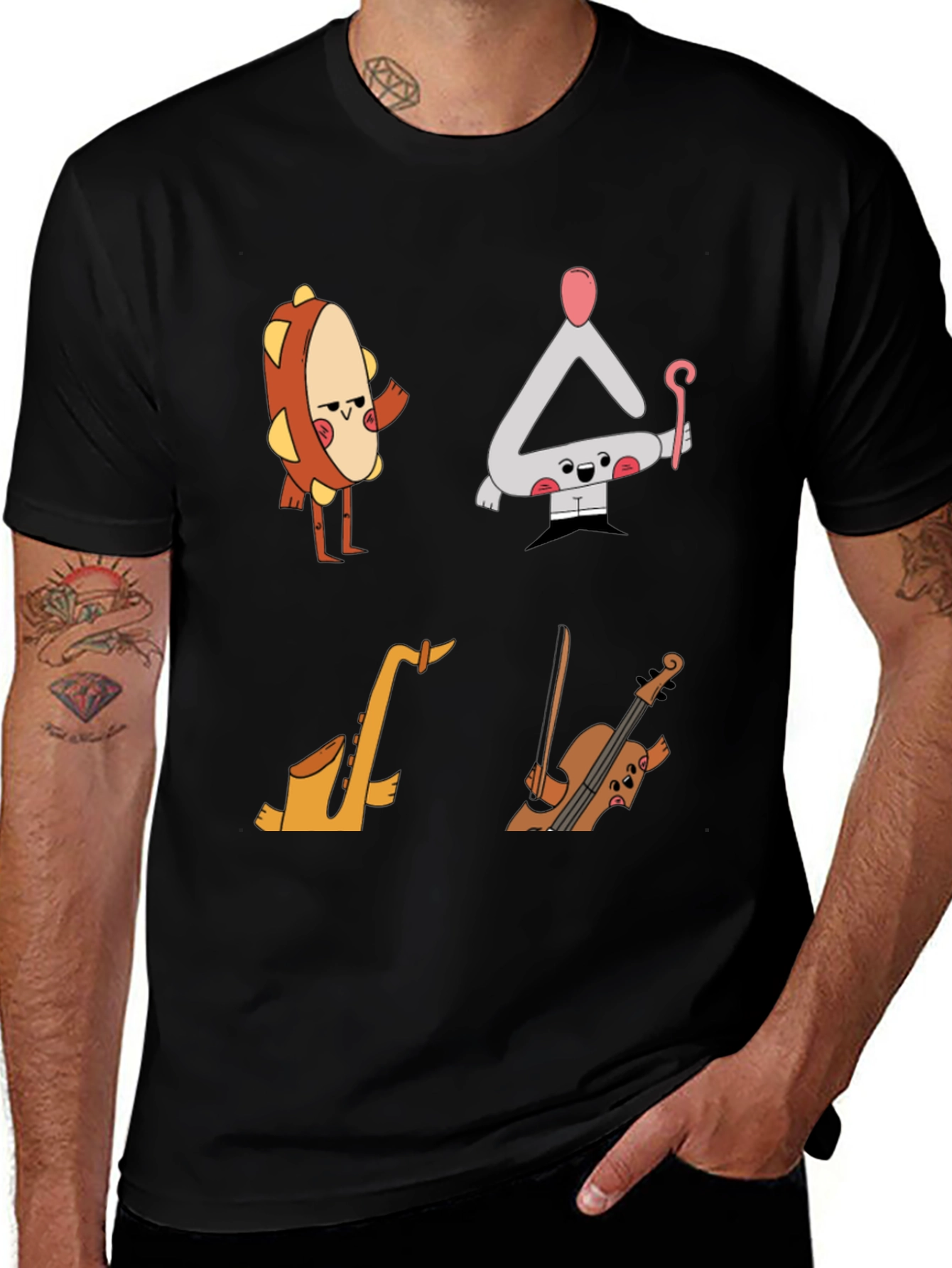 Musical Instrument Cartoon T-Shirt - Black