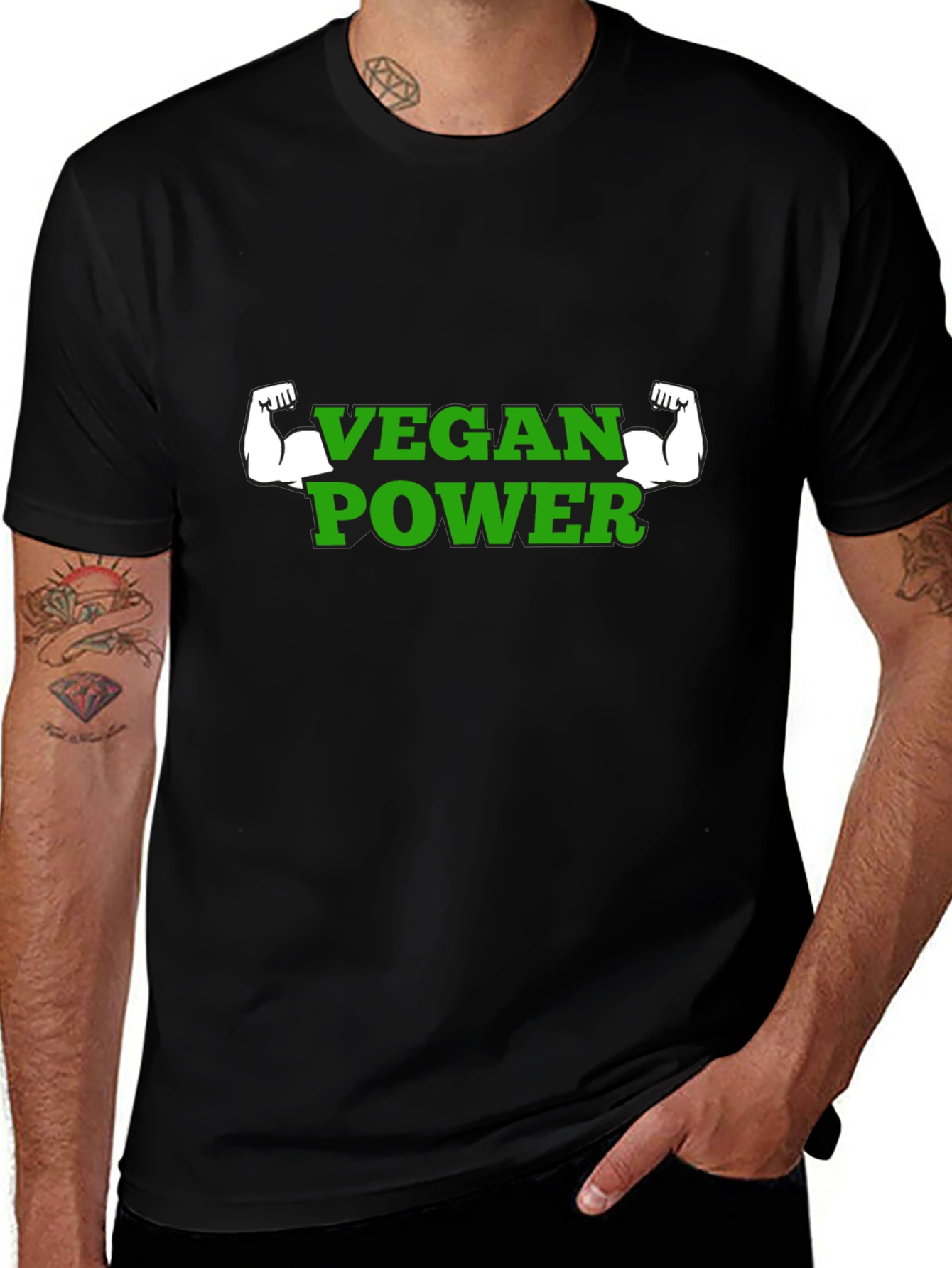 Vegan Power T-Shirt - Green Text Muscle Graphic