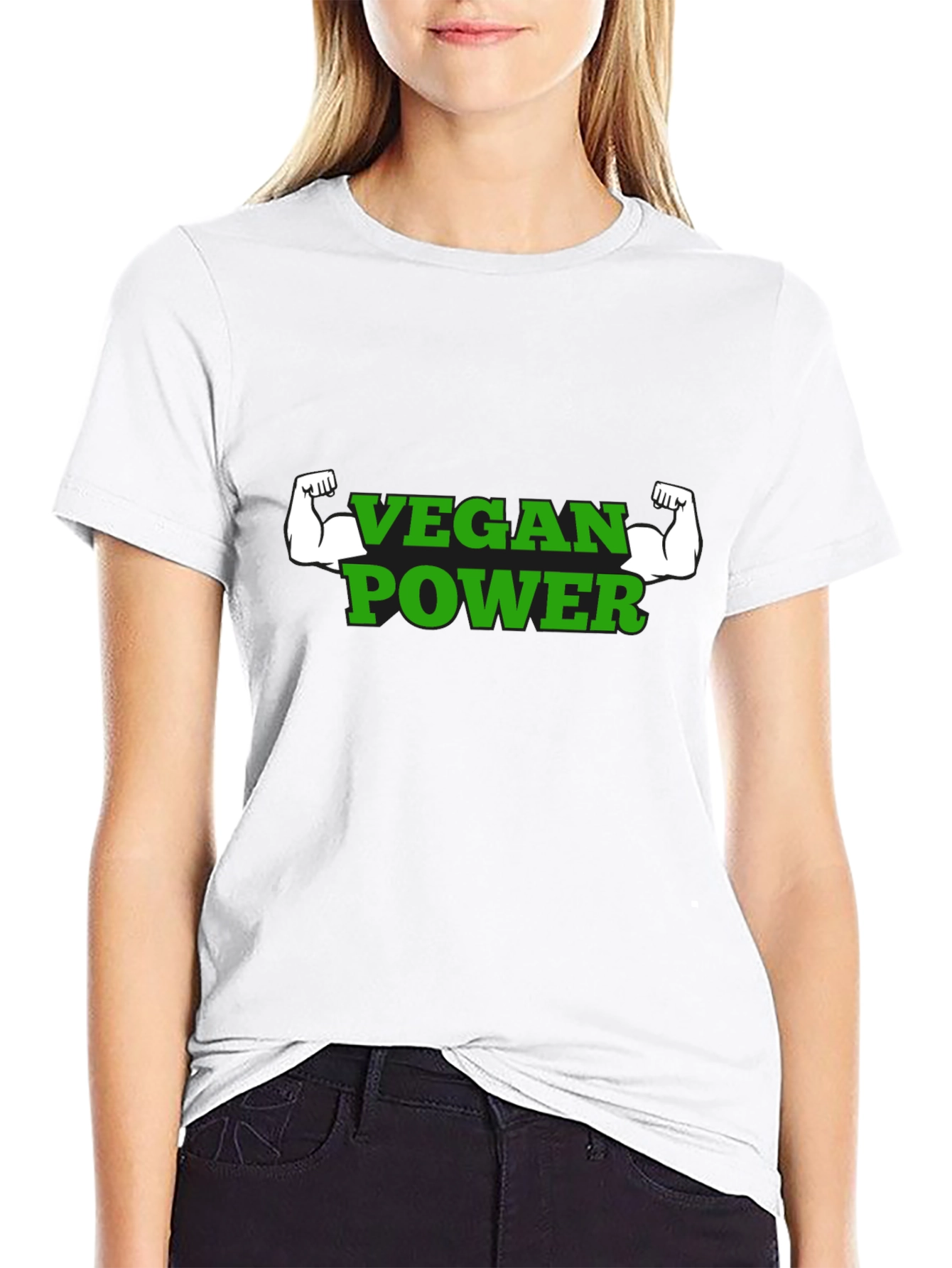 Vegan Power T-Shirt - Green Text Muscle Graphic