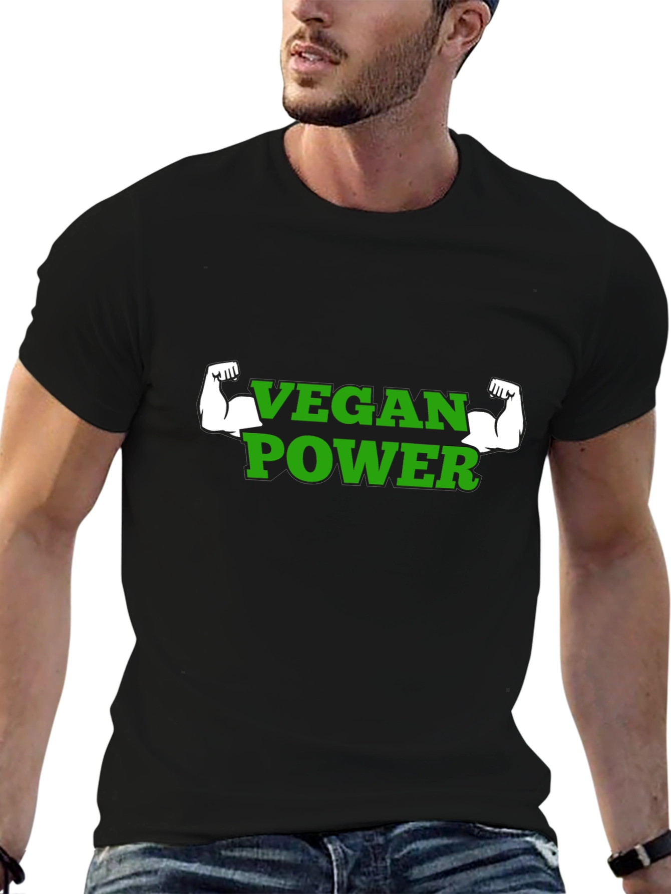 Vegan Power T-Shirt - Green Text Muscle Graphic