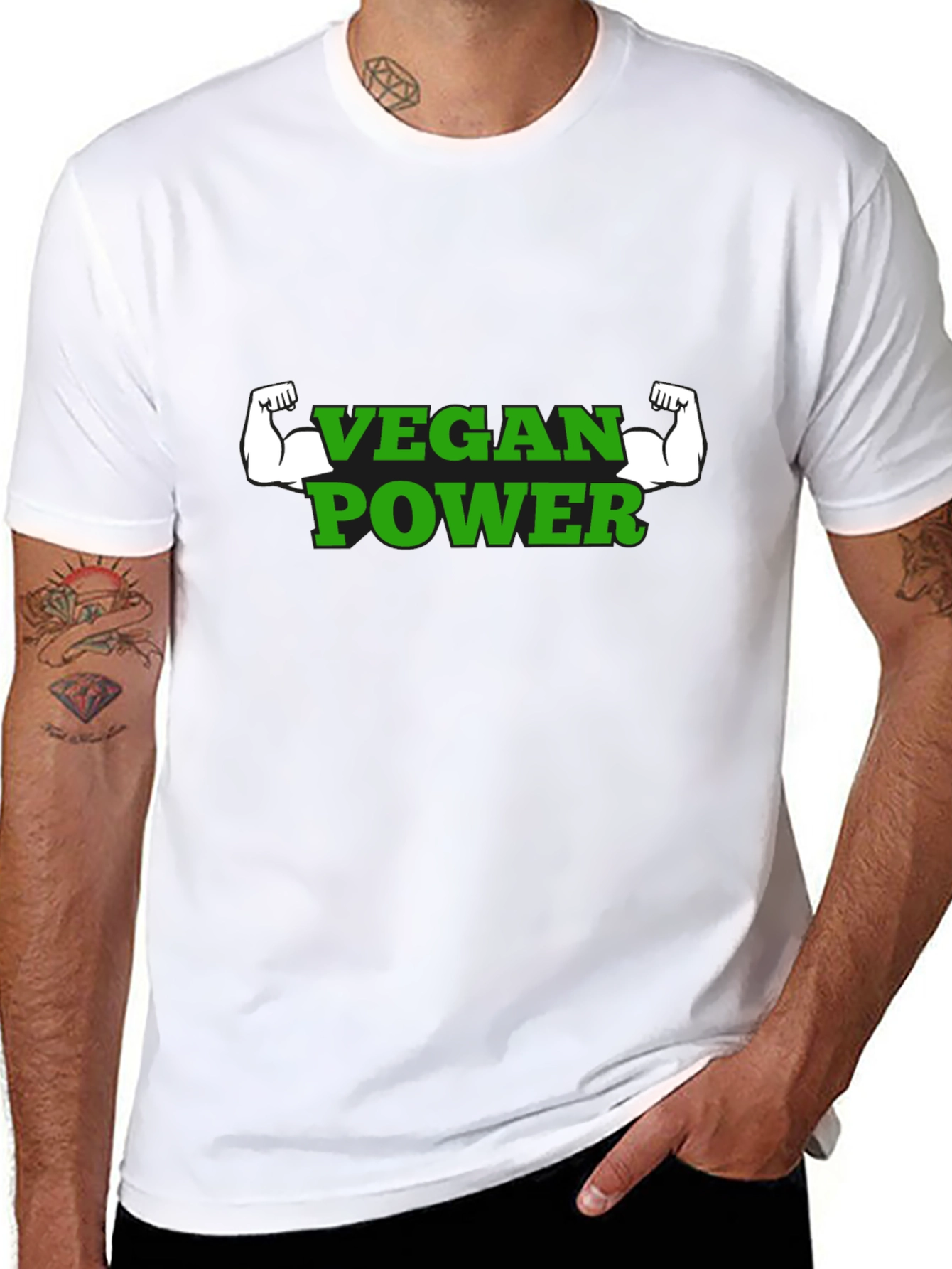 Vegan Power T-Shirt - Green Text Muscle Graphic