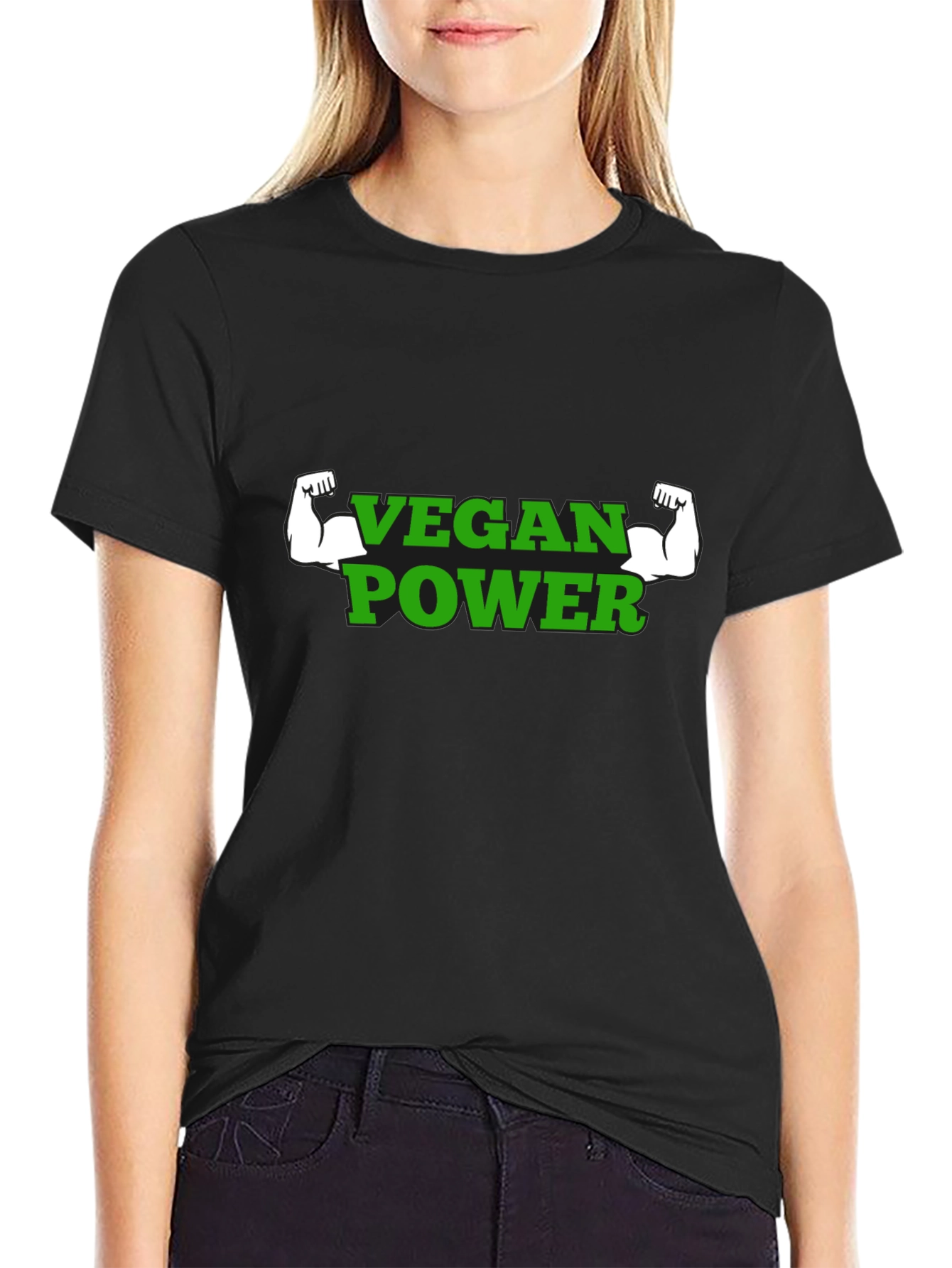 Vegan Power T-Shirt - Green Text Muscle Graphic
