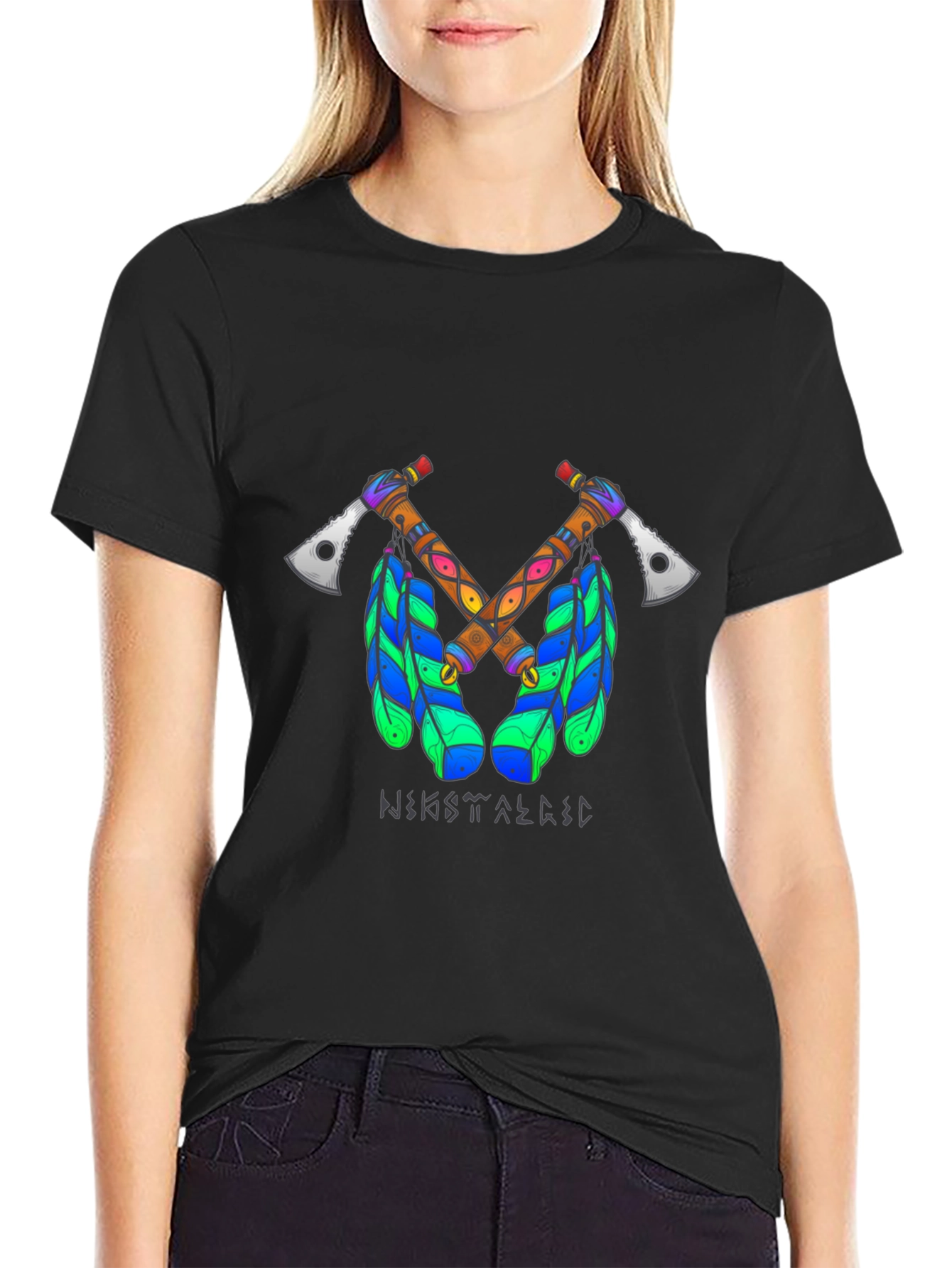 Tribal Axe T-Shirt - Crossed Tomahawks & Feathers