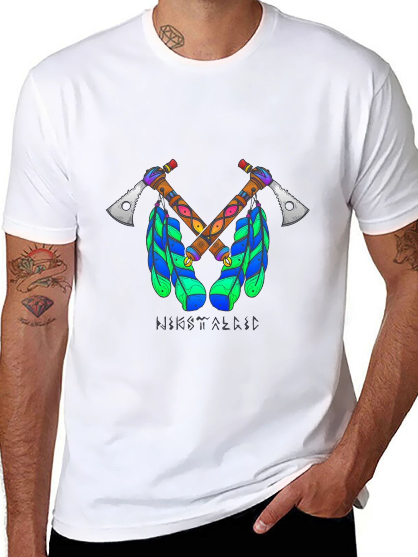 Tribal Axe T-Shirt - Crossed Tomahawks & Feathers