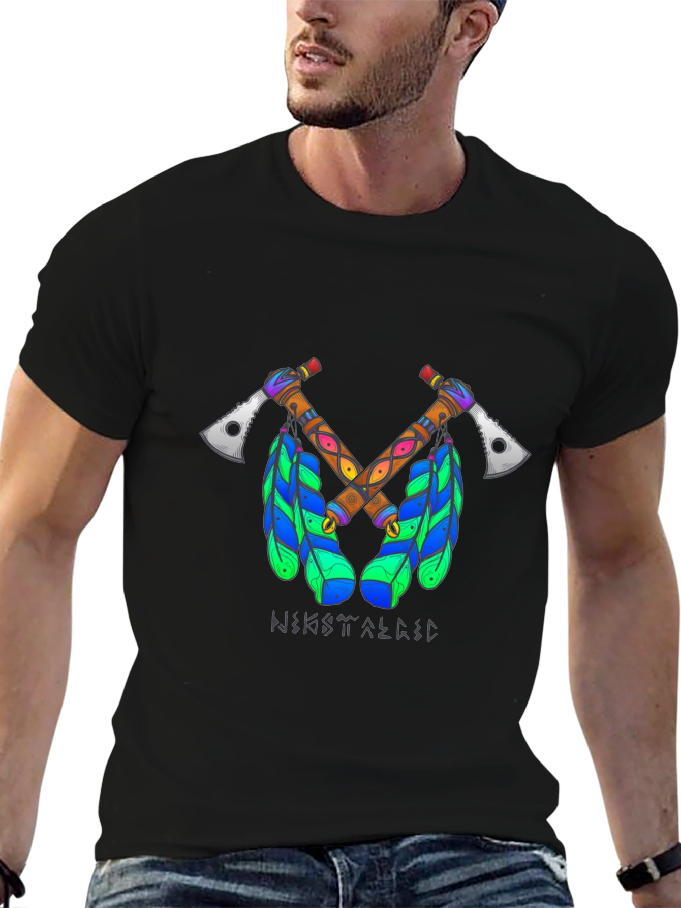 Tribal Axe T-Shirt - Crossed Tomahawks & Feathers