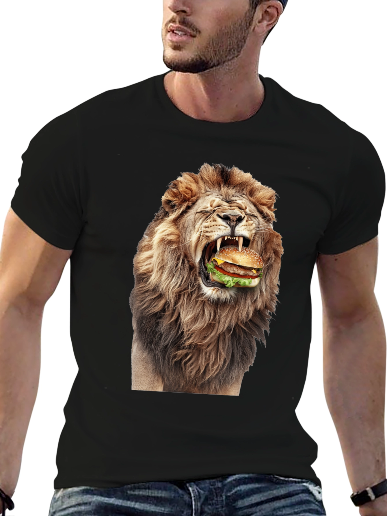 Lion Eating Burger Graphic T-Shirt - Black
