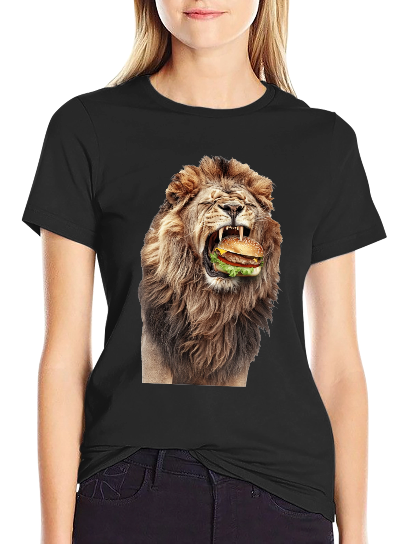 Lion Eating Burger Graphic T-Shirt - Black