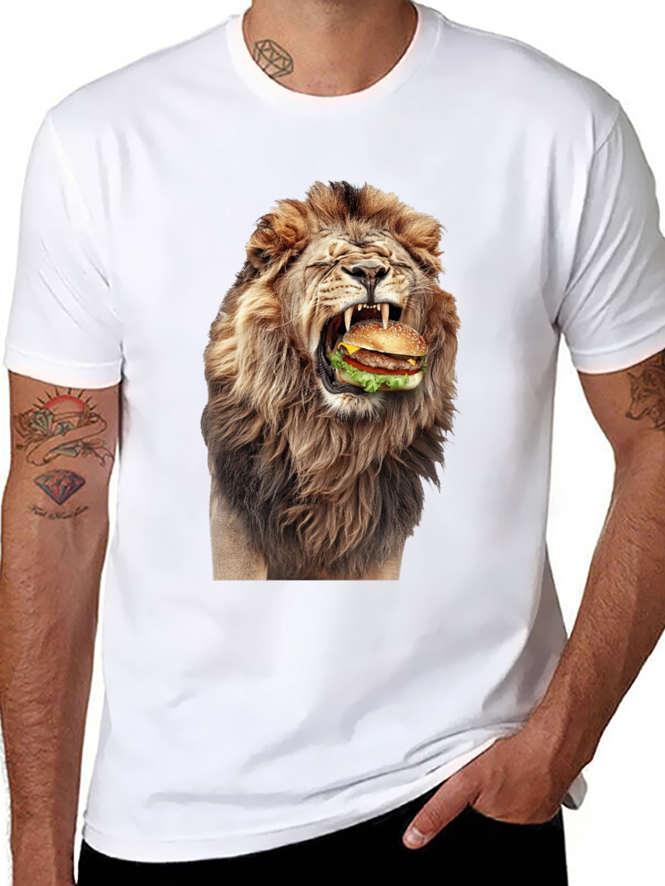 Lion Eating Burger Graphic T-Shirt - Black