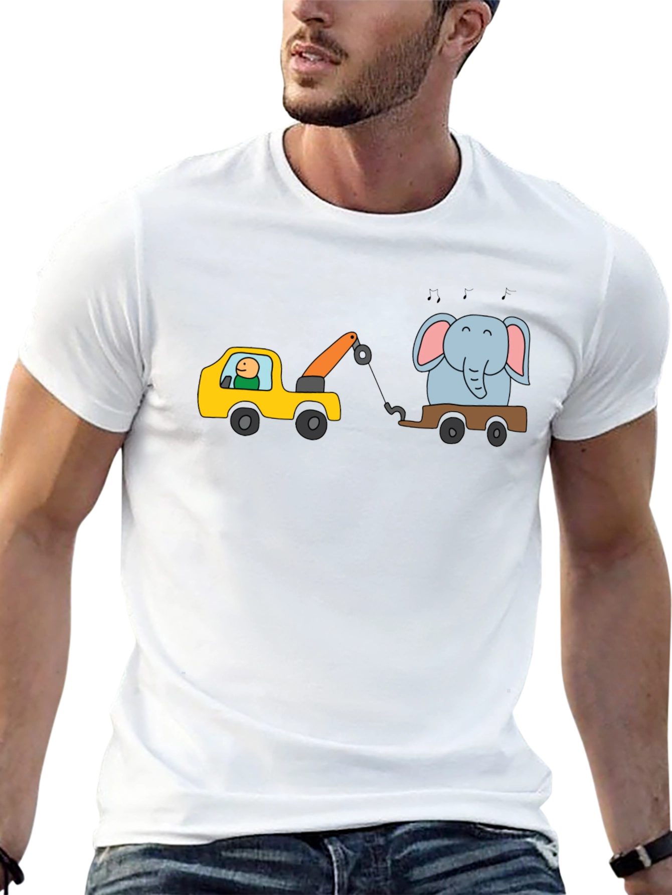 Cartoon Elephant Tow Truck Mens Black T-Shirt