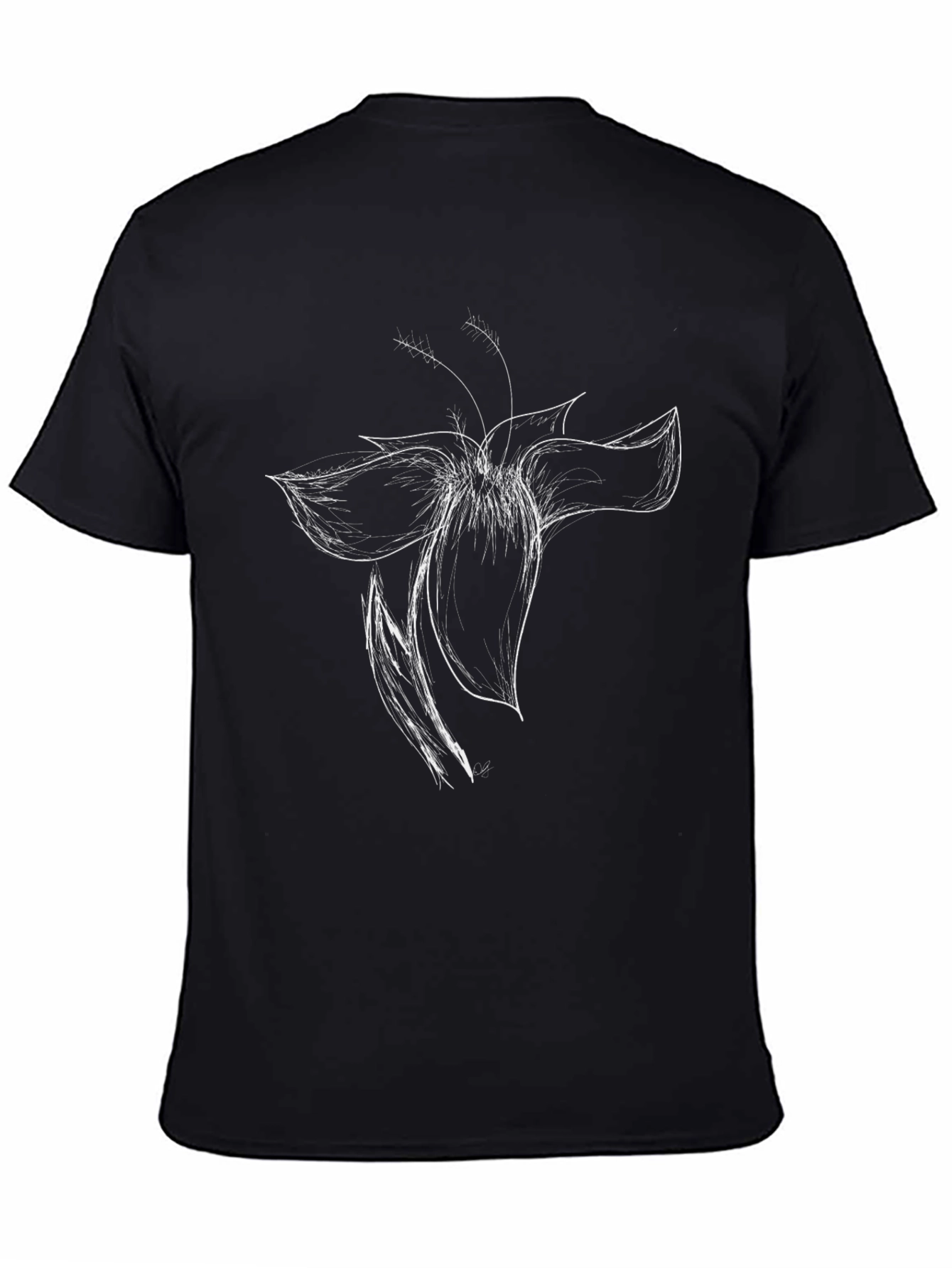 Black T-Shirt with White Flower Sketch