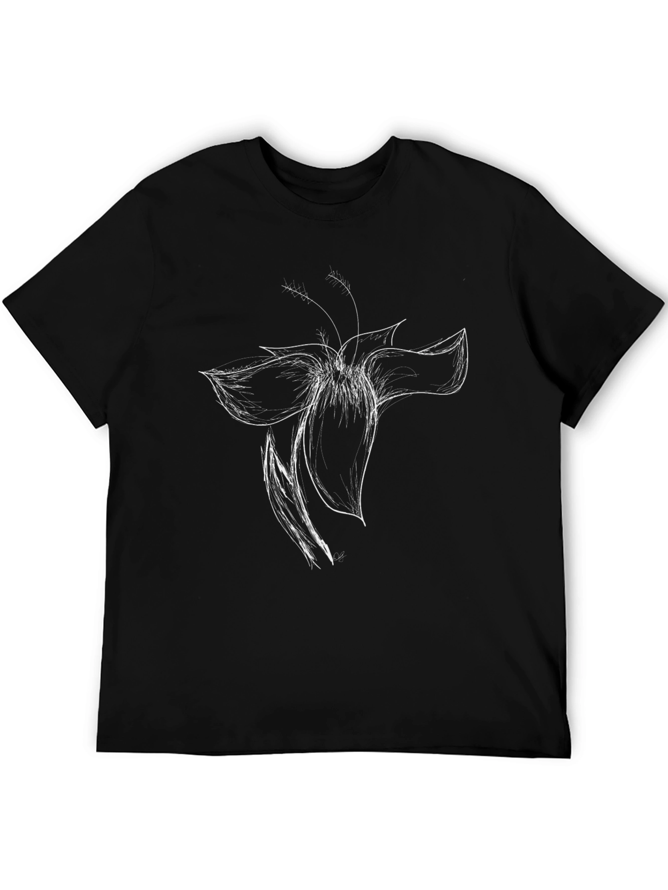 Black T-Shirt with White Flower Sketch