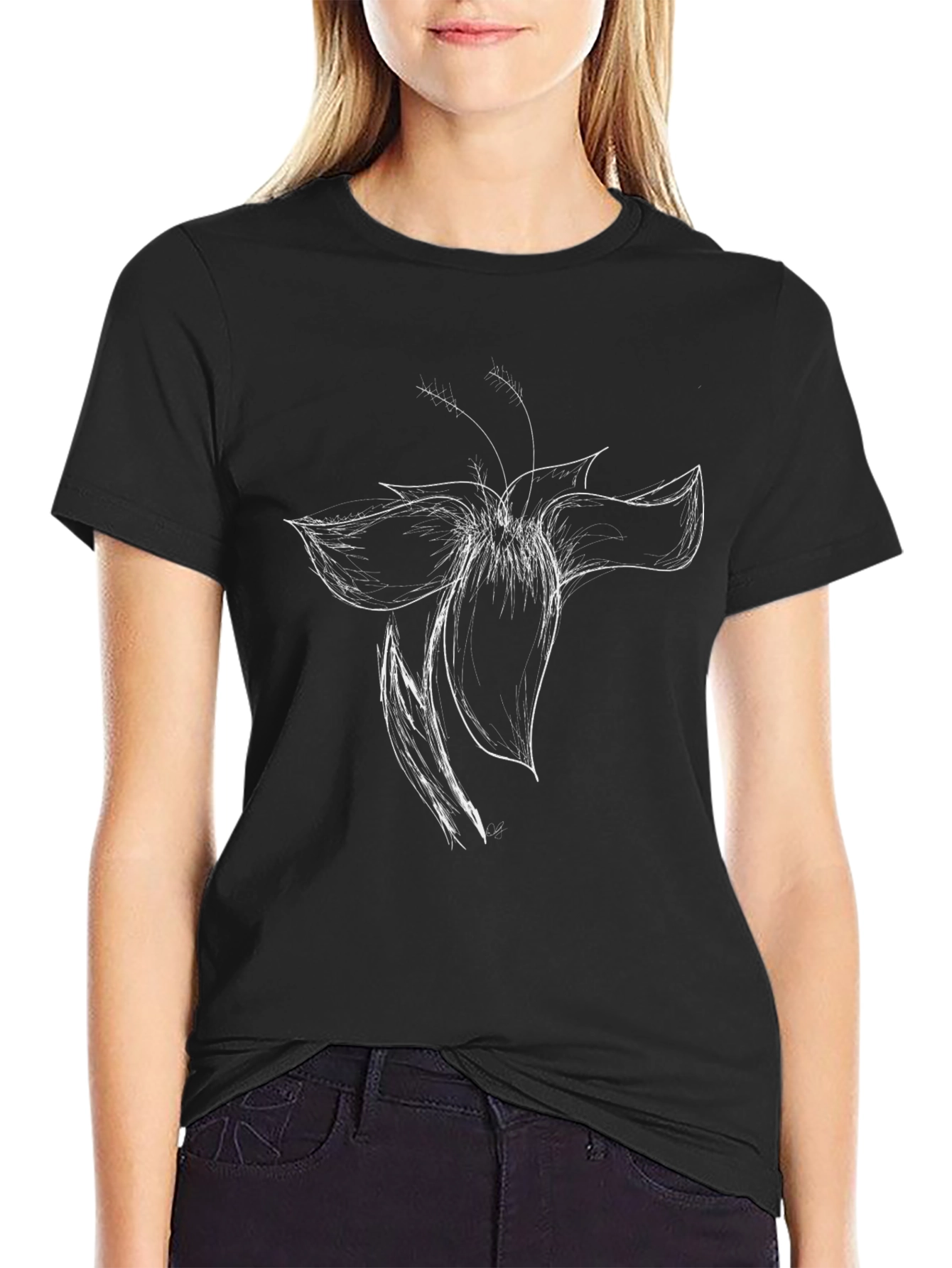 Black T-Shirt with White Flower Sketch