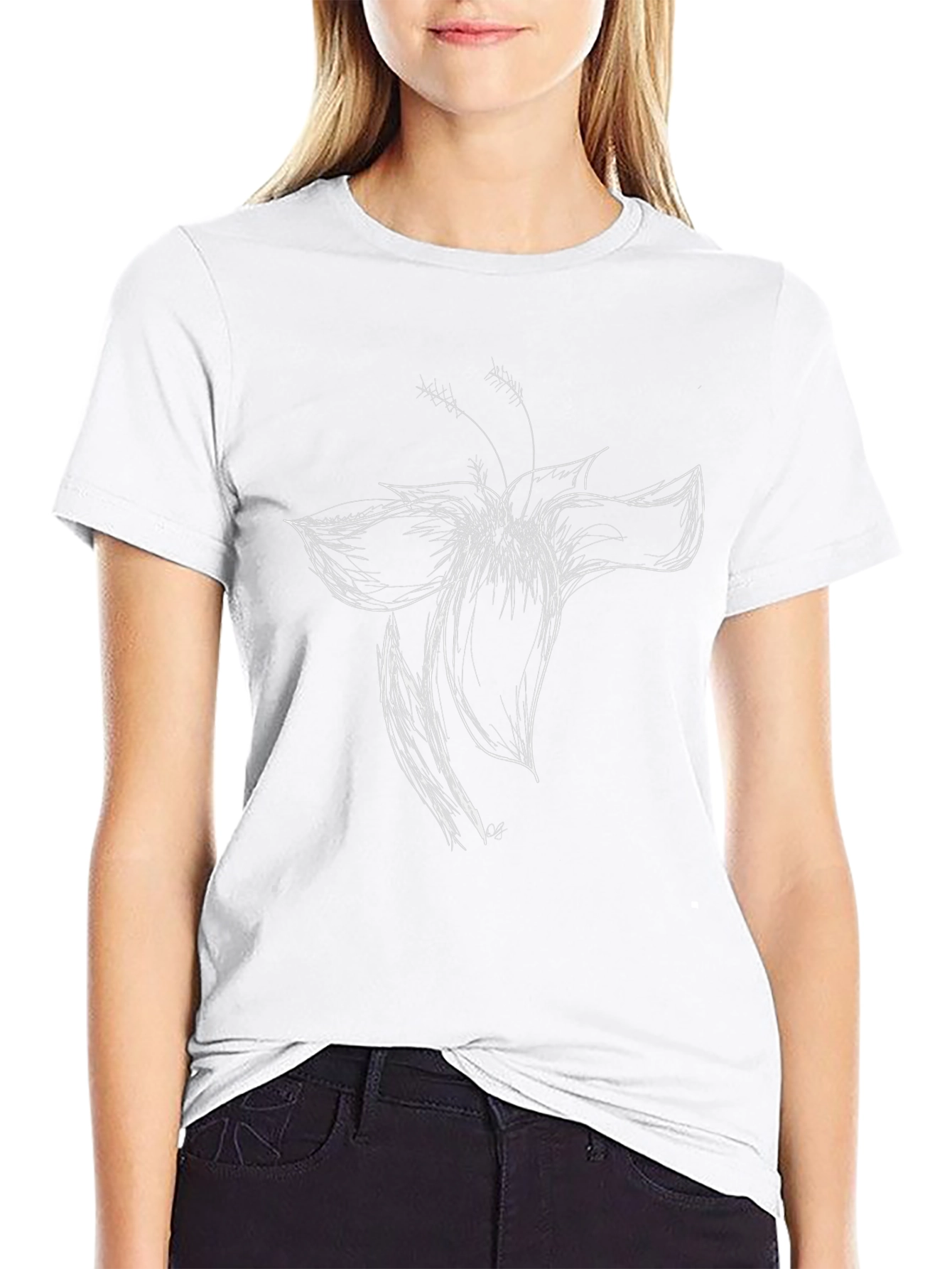 Black T-Shirt with White Flower Sketch