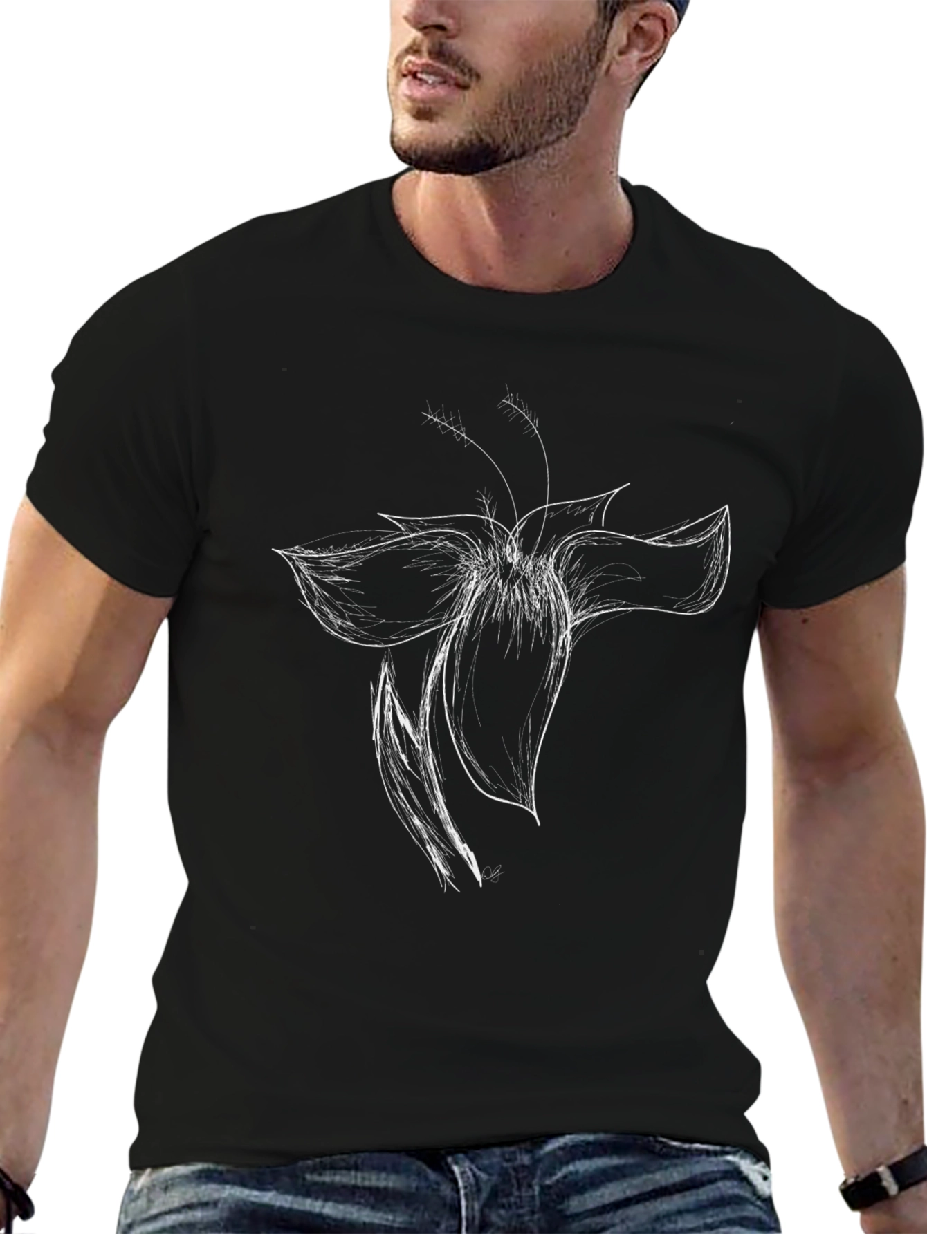 Black T-Shirt with White Flower Sketch