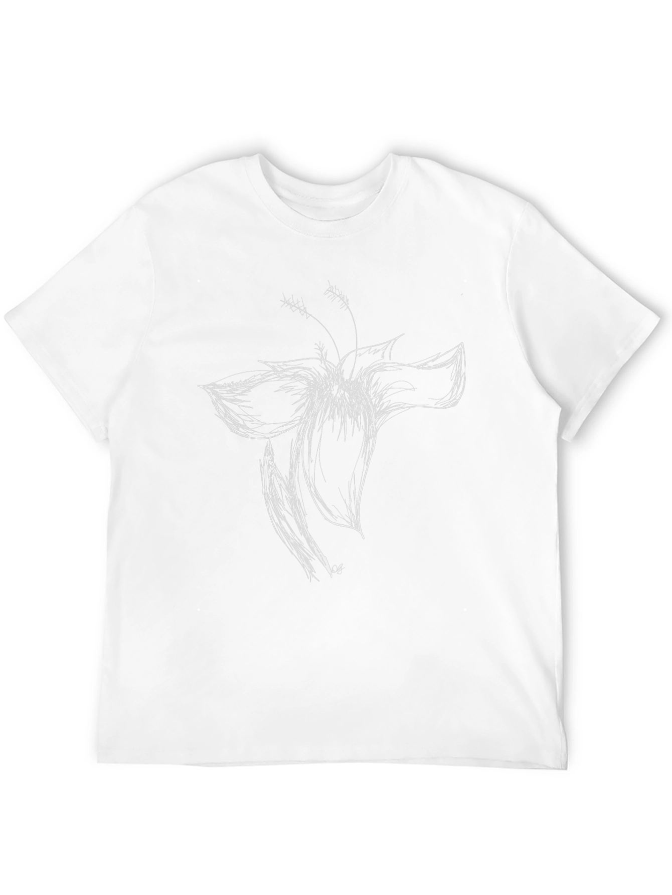 Black T-Shirt with White Flower Sketch