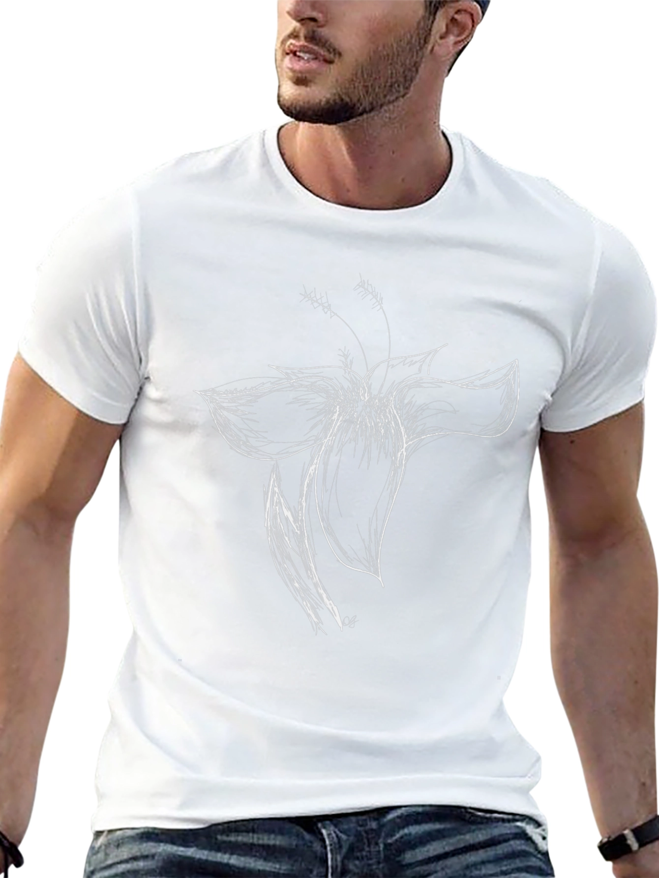 Black T-Shirt with White Flower Sketch