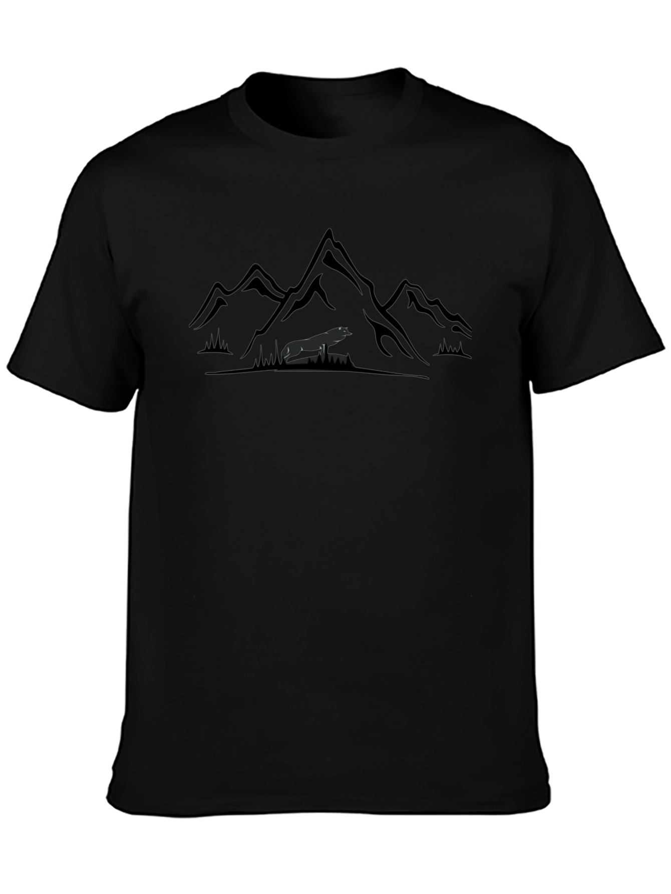 Mountains & Wolf Graphic Tee - Black Cotton T-Shirt