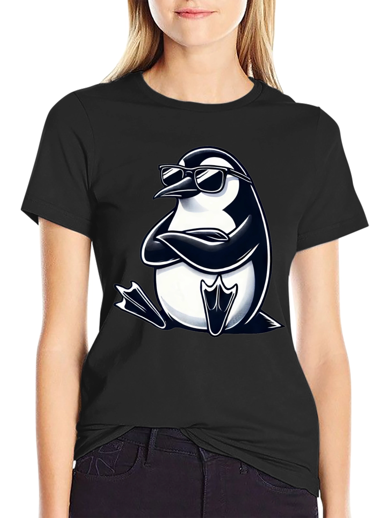 Cool Penguin Graphic Tee - Black Cotton T-Shirt