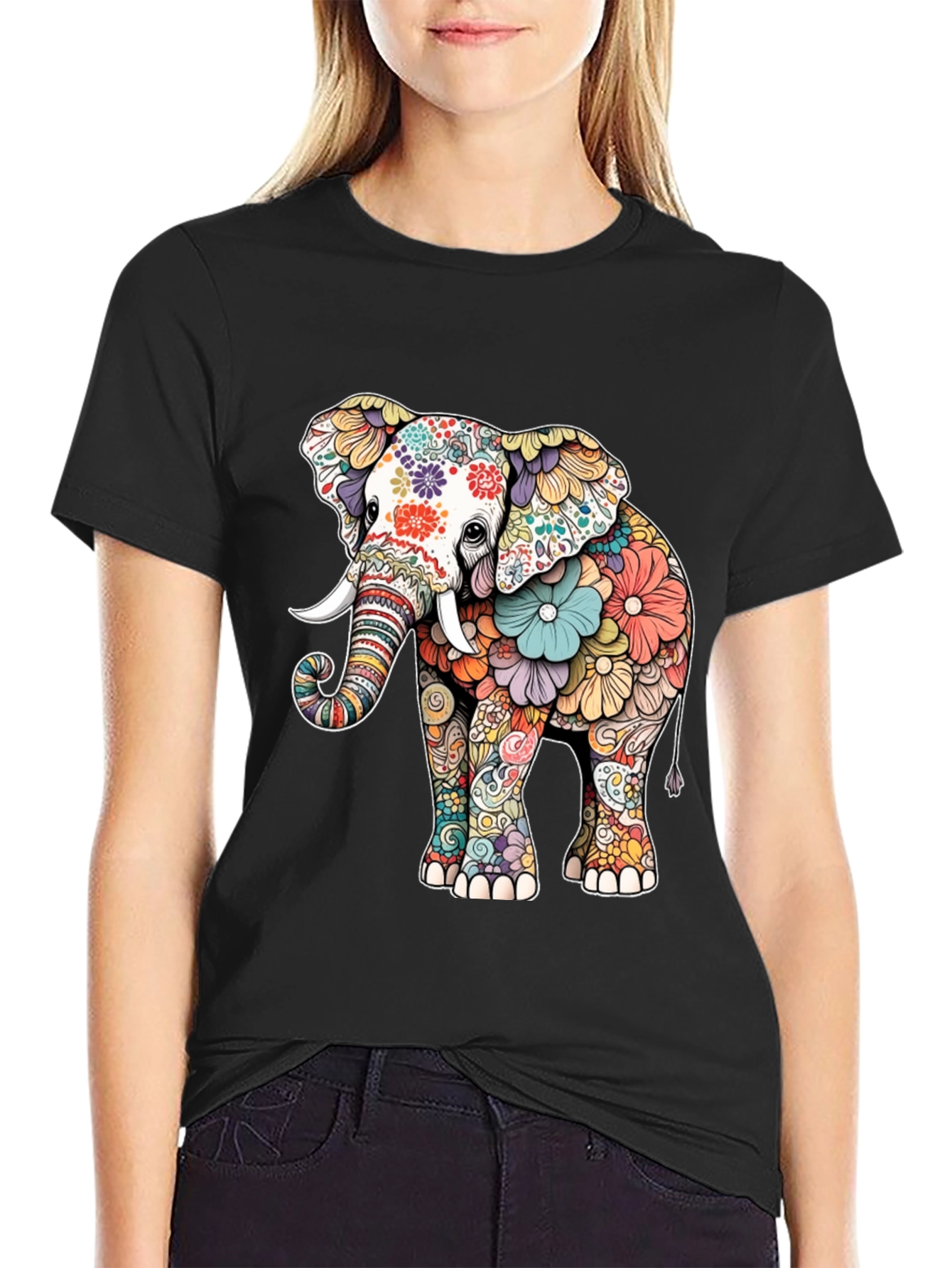 Floral Elephant Graphic Tee - Artistic Animal Design