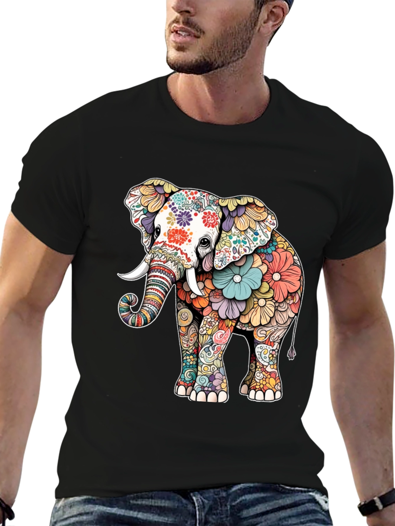 Floral Elephant Graphic Tee - Artistic Animal Design