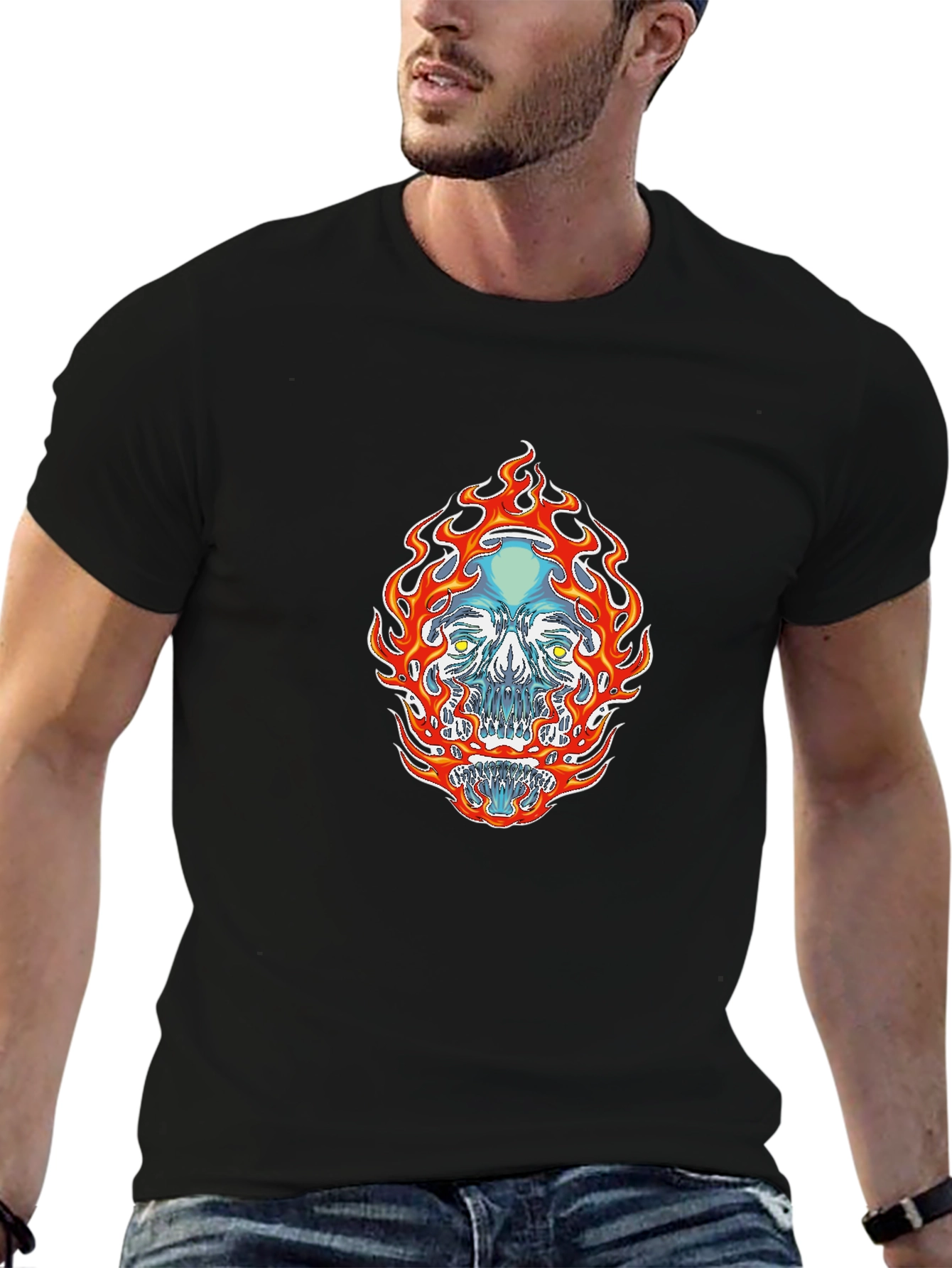 Flaming Skull Graphic Tee - Black Cotton